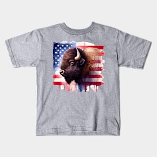 Bison portrait with United States of America flag background watercolor Kids T-Shirt